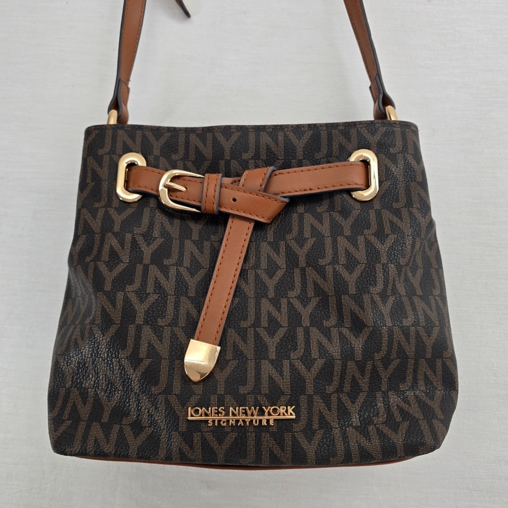 Jones New York Purse Womens Brown Signature Print Faux Leather Crossbody Bag